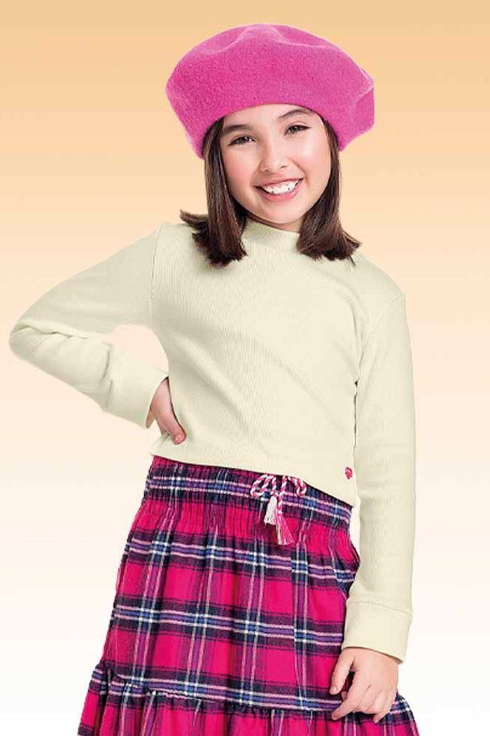 Conjunto blusa manga longa em ribana 2x1 e saia em tecido xadrez joy