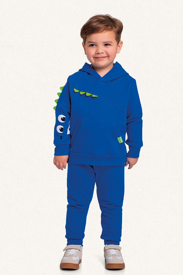 Conjunto blusão com capuz e calça em moletom dino