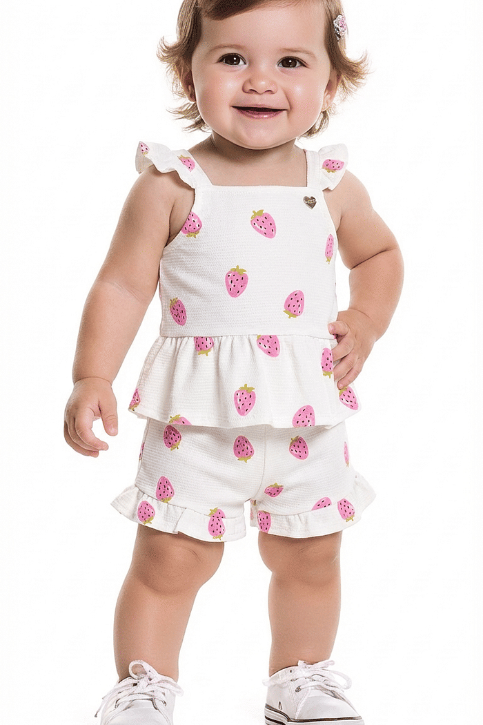 Conjunto regata e short em malha favo frutinhas