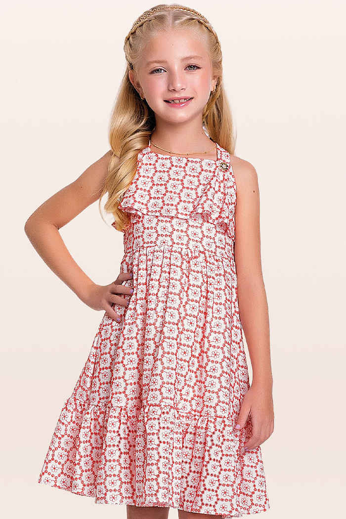 Vestido midi em tecido bordado mini flor