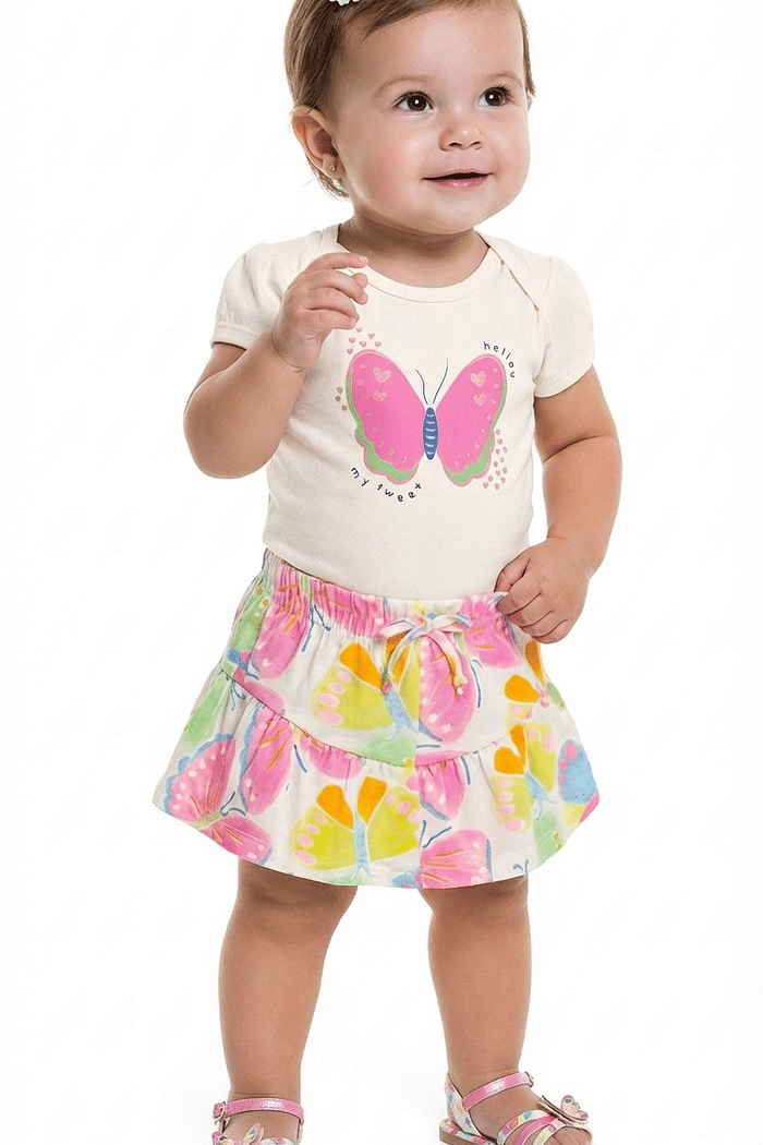 Conjunto body manga curta em suedine e short em cotton leve borboleta
