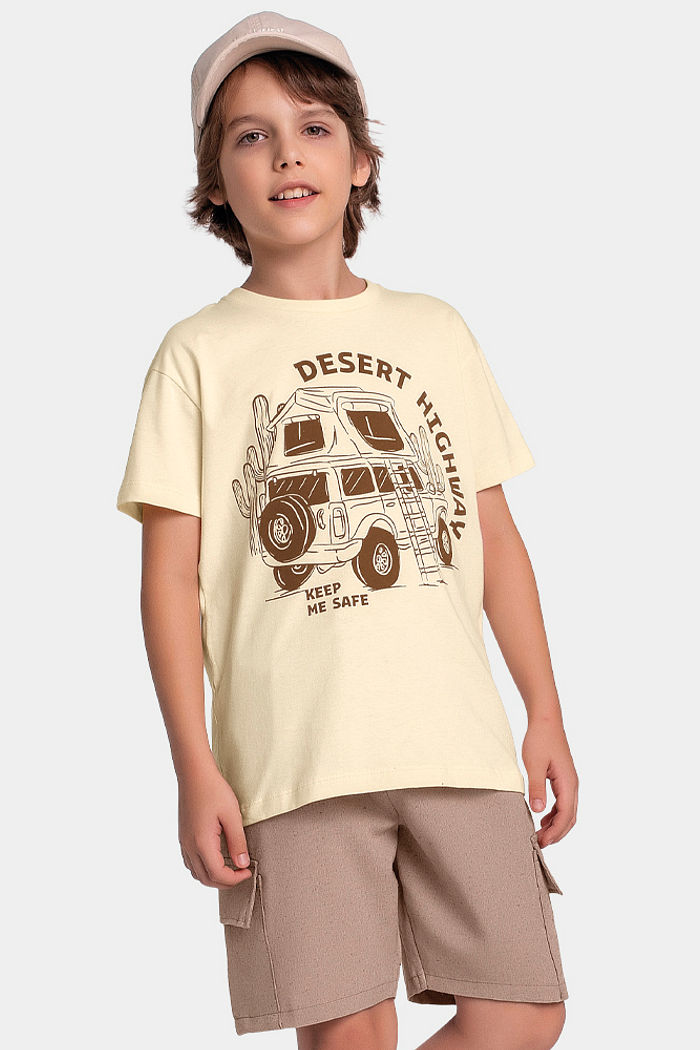 Conjunto camiseta desert e bermuda tecido ecotex flamê com cadarço e bolso