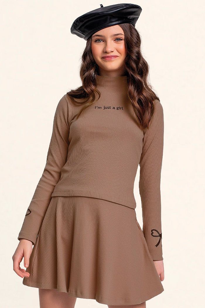 Conjunto blusa manga longa laço e saia em ribana canelada