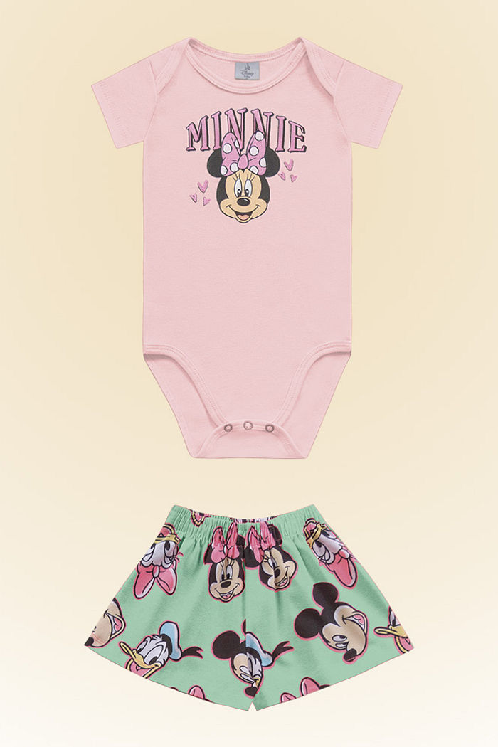 Conjunto body manga curta em suedine e short-saia em cotton leve Minnie