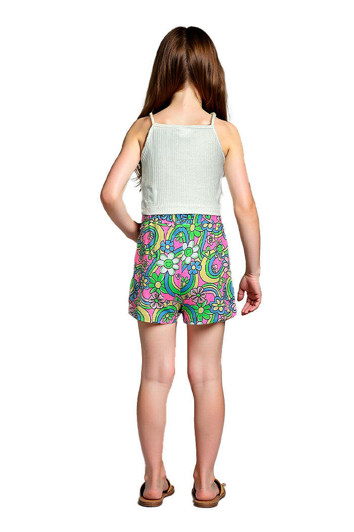 Conjunto Regata/shorts-saia floral arco-íris