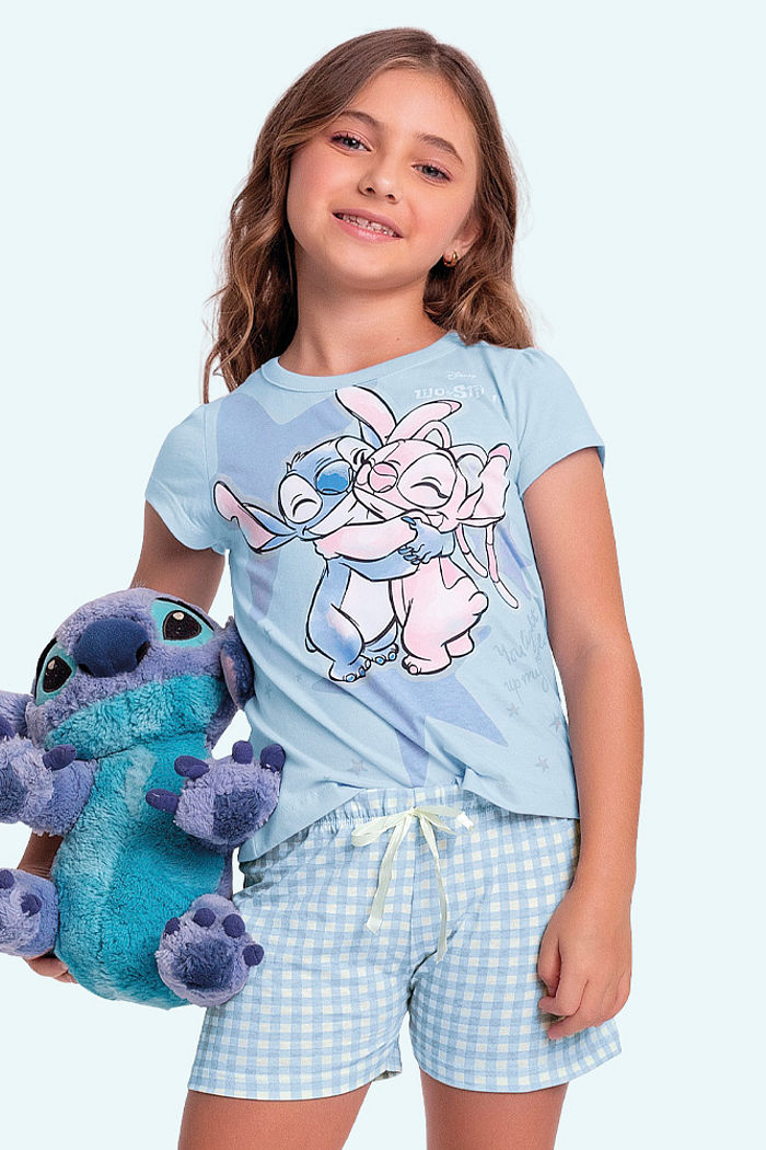 Conjunto pijama blusa e short xadrez com laço Stitch
