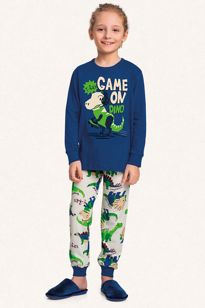 Conjunto pijama camiseta manga longa e calça em meia malha game dino