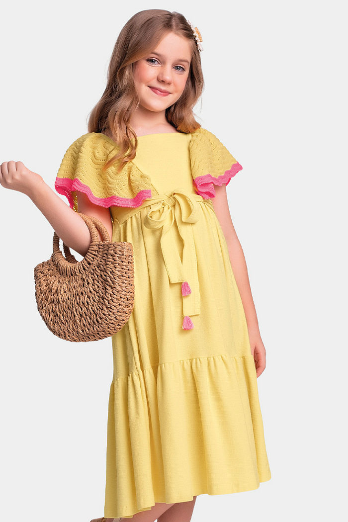 Vestido midi com amarração e babado em tricot