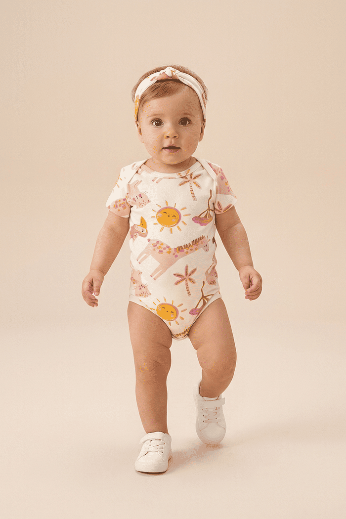 Conjunto body e faixa bebê estampa safari
