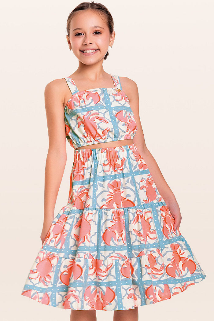 Conjunto top cropped e saia midi lagosta