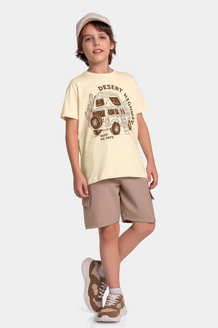 Conjunto camiseta desert e bermuda tecido ecotex flamê com cadarço e bolso