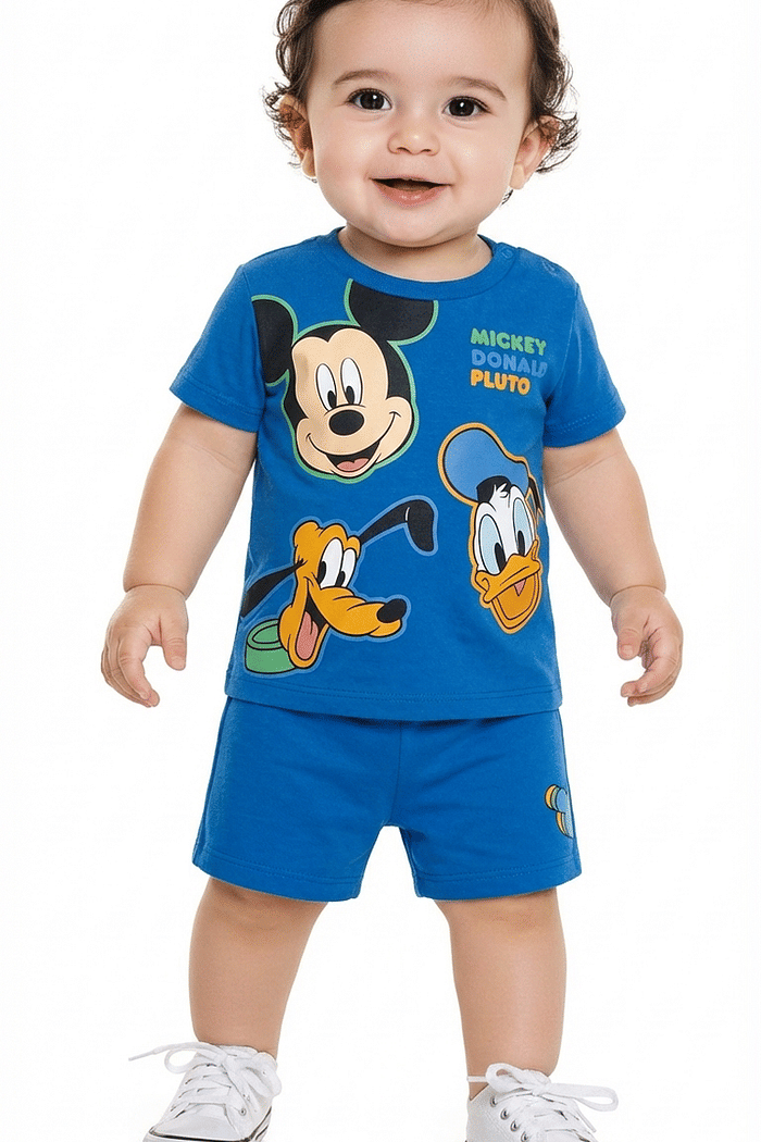 Conjunto camiseta em meia malha e bermuda em moletinho Mickey