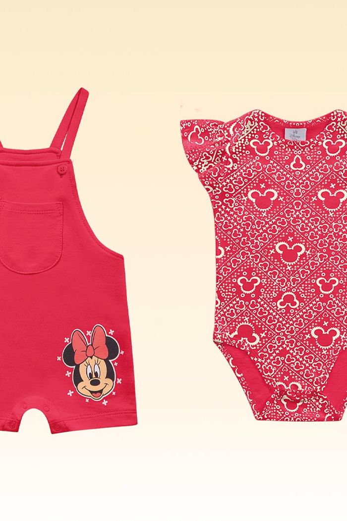 Conjunto body em meia malha e macacão minnie