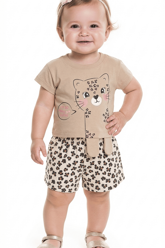 Conjunto blusa em meia malha e short em malha florence oncinha