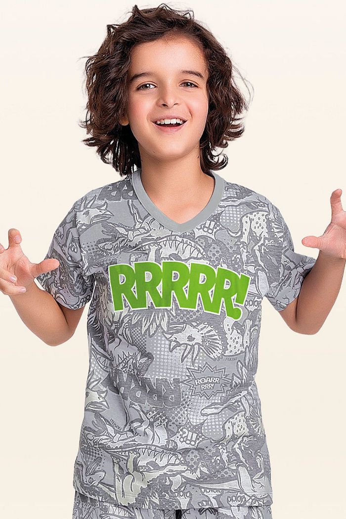 Conjunto pijama camiseta e bermuda dinossauro