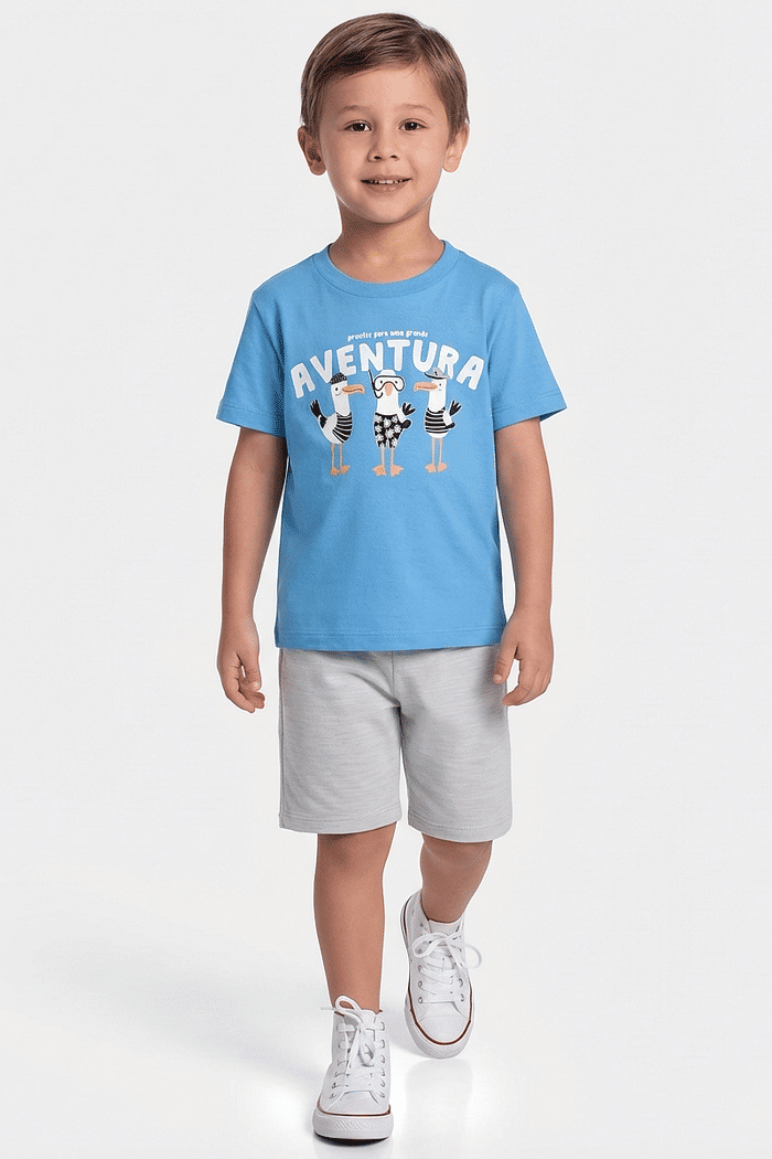 Conjunto camiseta aventura e bermuda em moletinho flamê