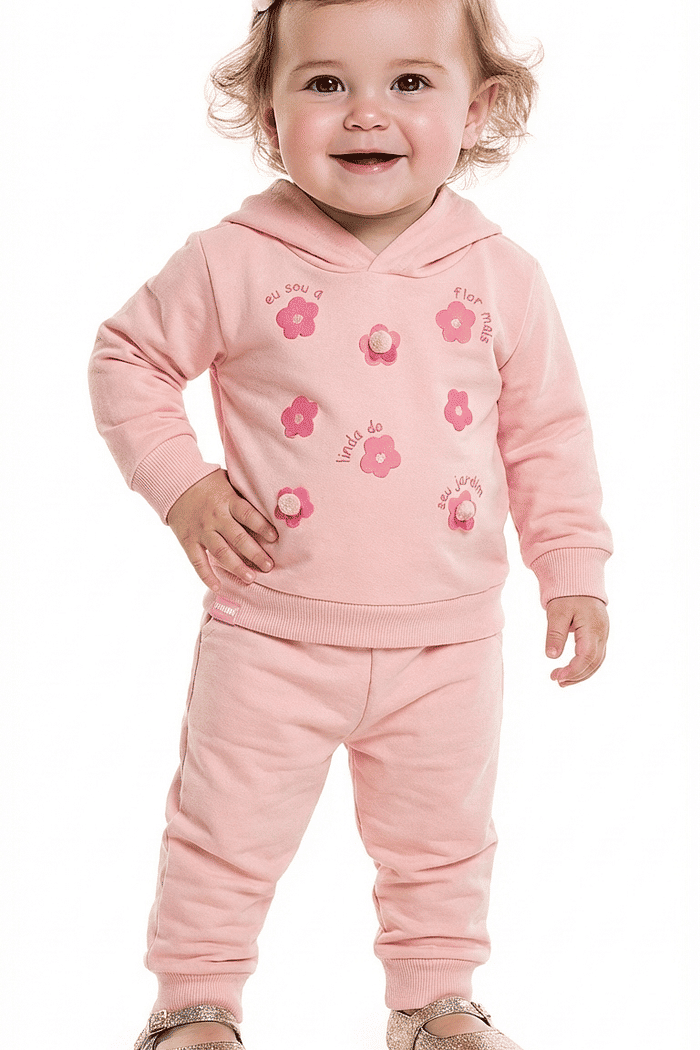Conjunto blusão com capuz e calça em moletom flores