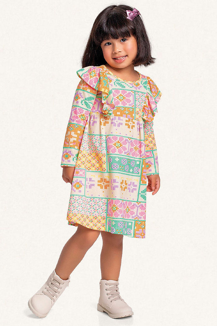 Vestido manga longa em meia malha floral