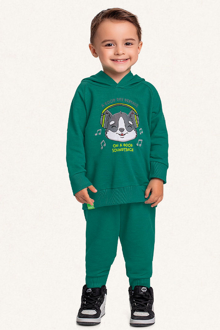 Conjunto blusão com capuz e calça em moletinho flamê cachorrinho