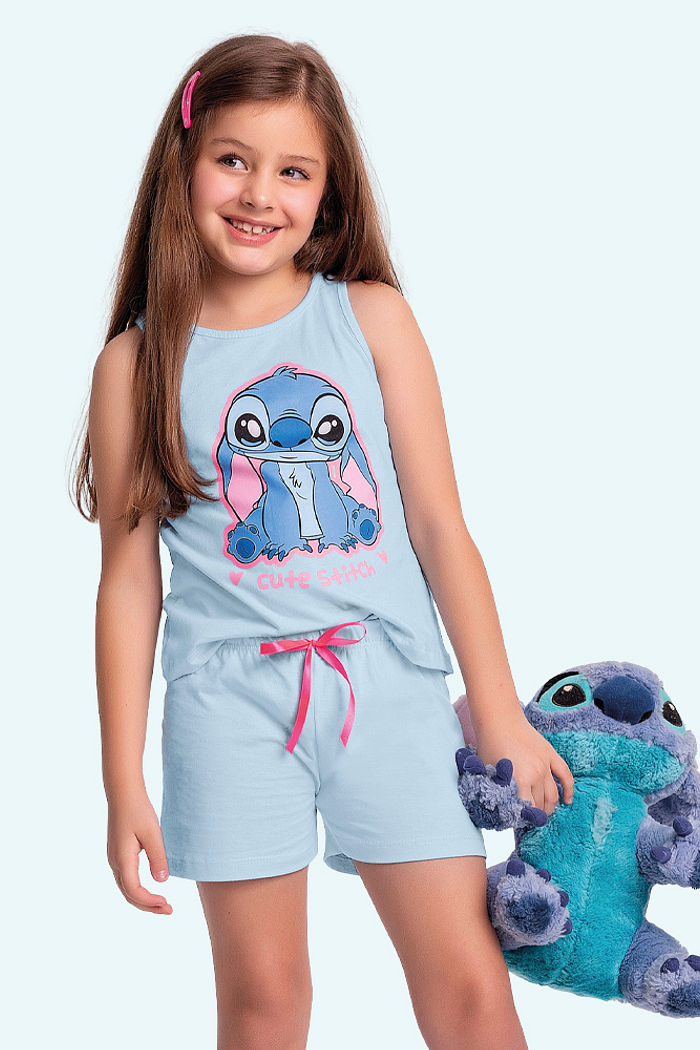 Conjunto pijama regata e short com laço cute Stitch