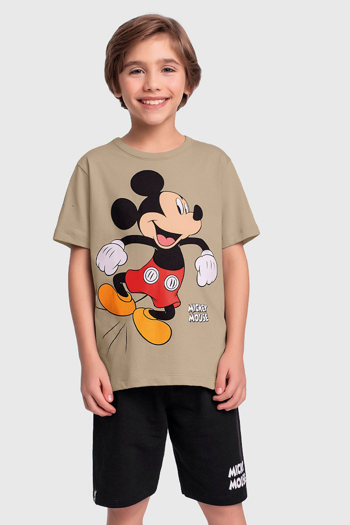 Conjunto camiseta Mickey Mouse e bermuda em moletinho
