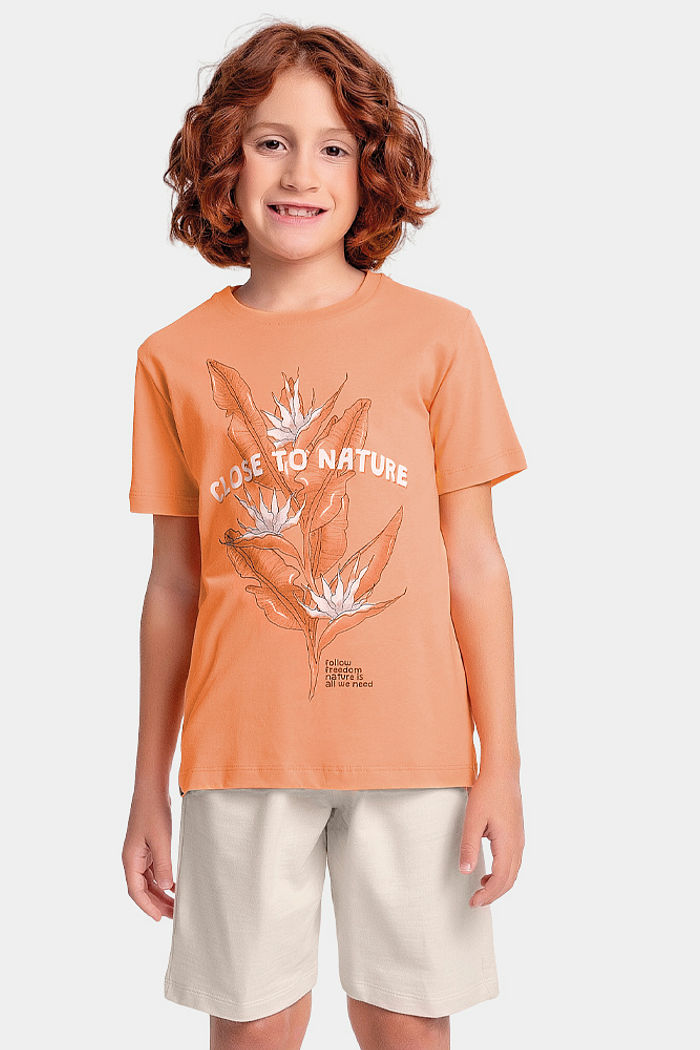 Conjunto camiseta nature e bermuda em moletinho flamê