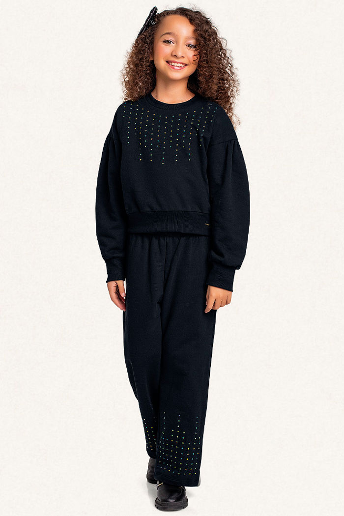 Conjunto blusão e calça wide leg em moletom com strass
