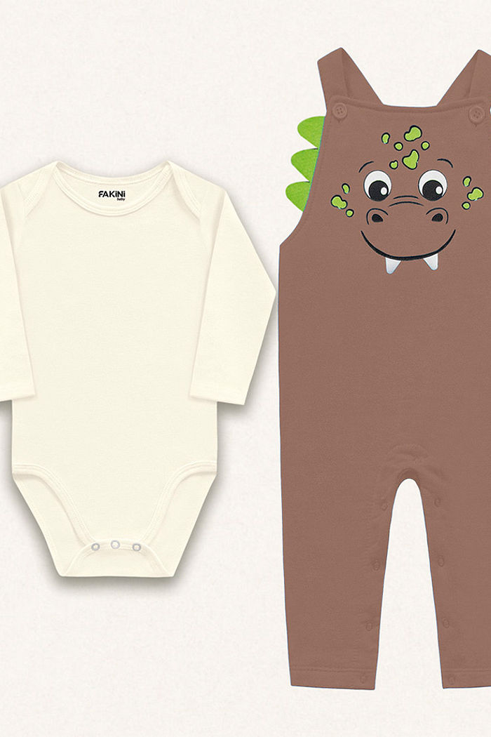 Conjunto body manga longa em suedine e macacão em moletom dino