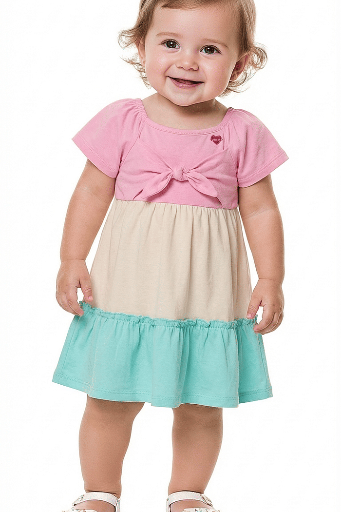 Vestido meia malha tricolors e amarração em laço