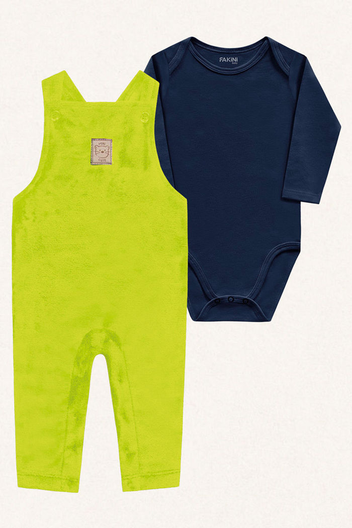 Conjunto body manga longa em meia malha e macacão em tecido fleece