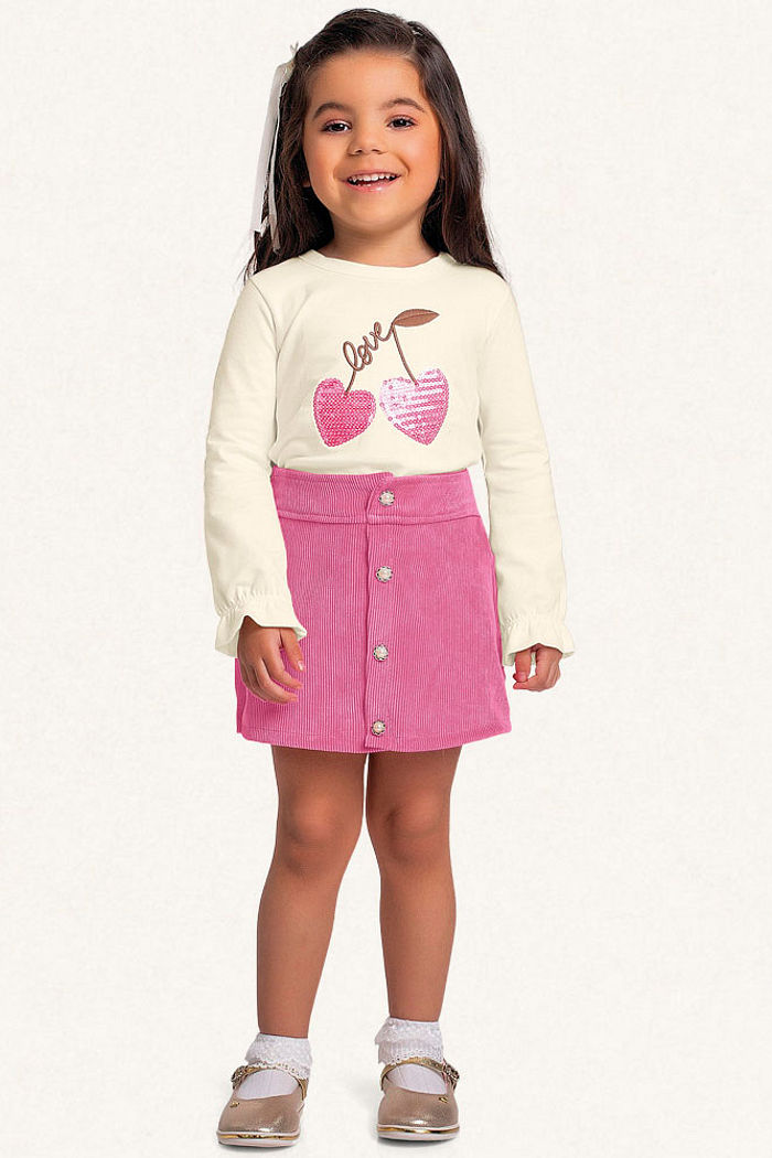 Conjunto blusa manga longa em cotton e short-saia em veludo cotelê cereja