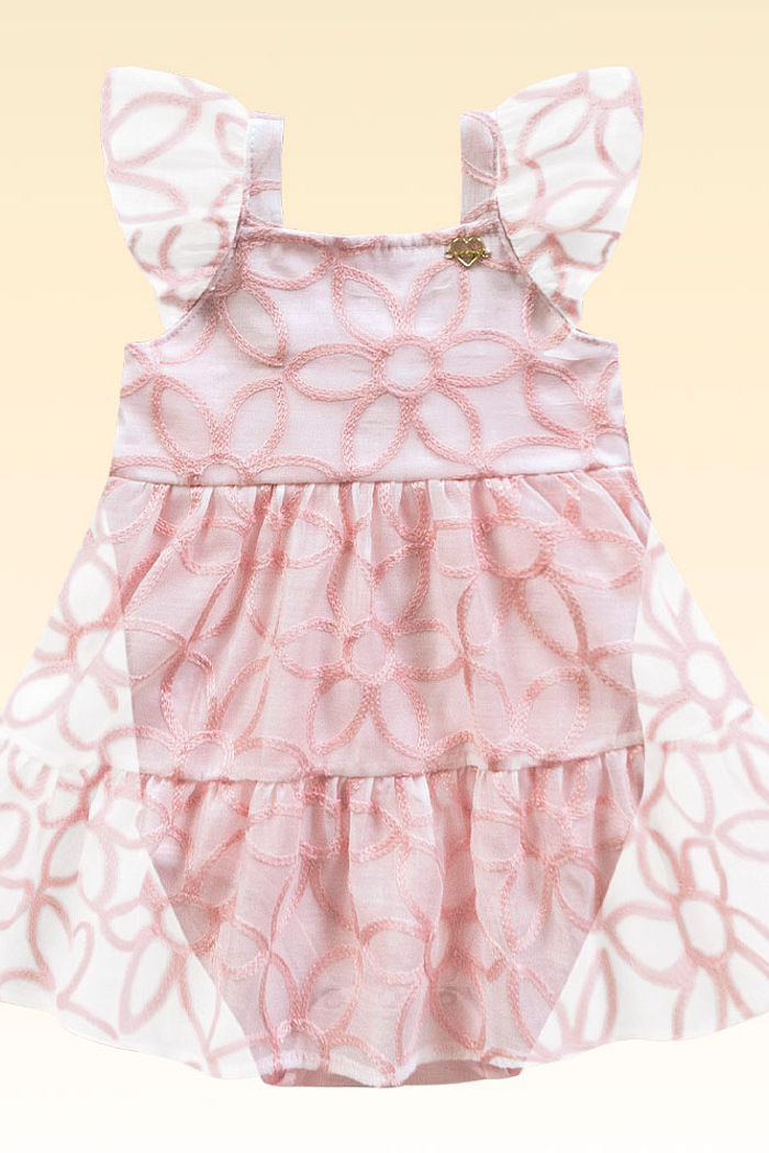 Body manga curta em cotton flamê e tecido bordado