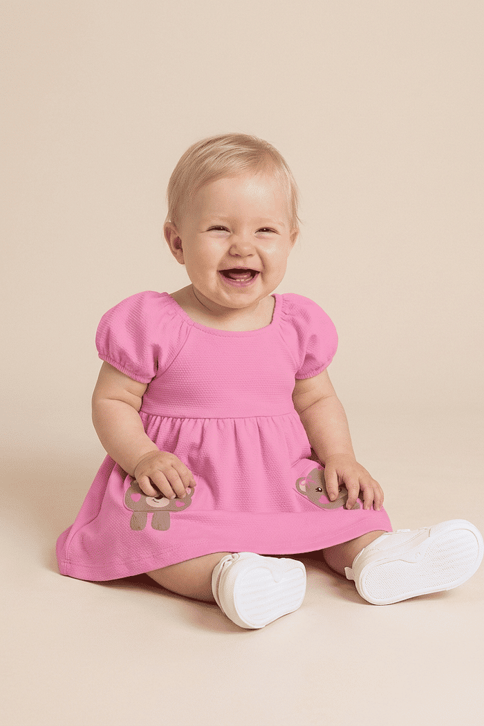 Vestido bebê feminino malha favo com bolsos de bichinhos