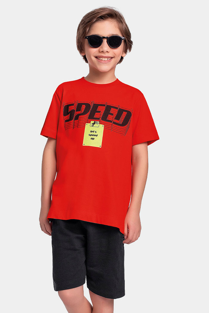 Conjunto camiseta speed com silk 3D e bermuda moletinho com bolso