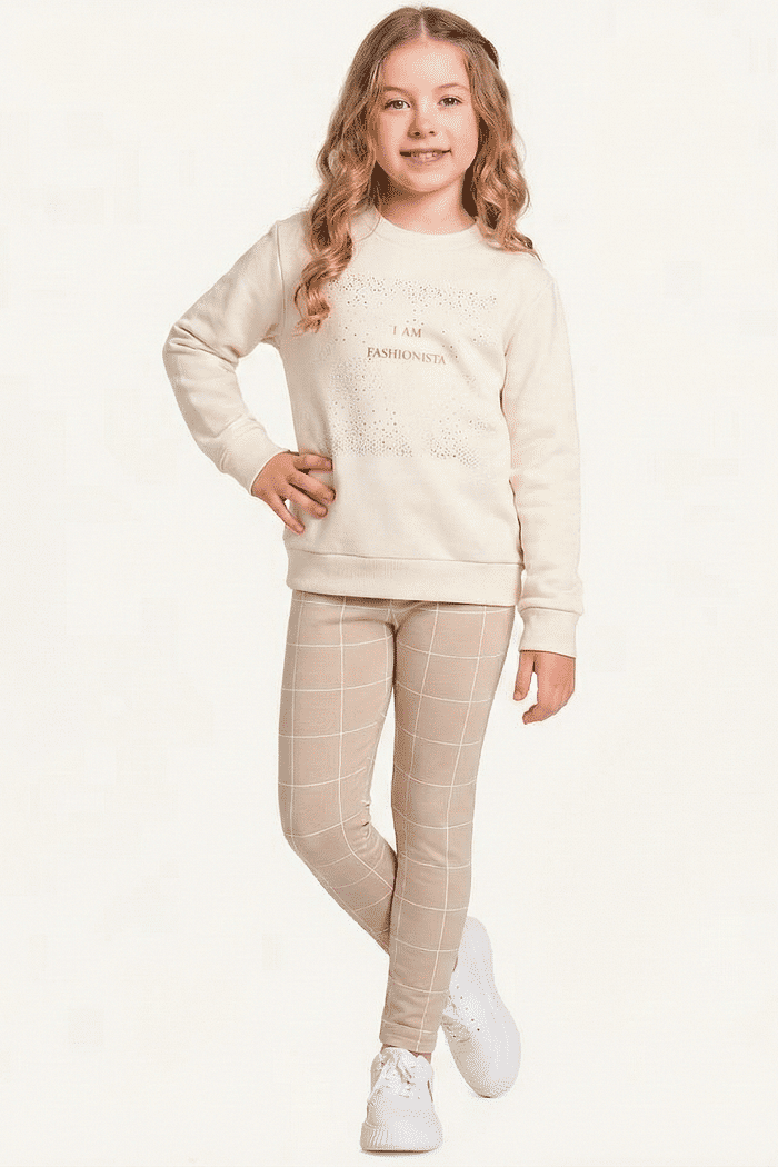 Conjunto blusão em moletom e legging xadrez em molecotton molinê fashionista