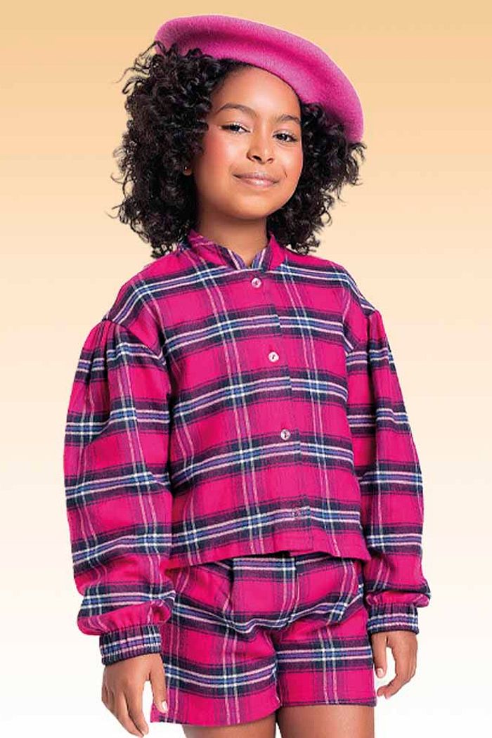 Conjunto camisa manga longa e short em tecido xadrez joy