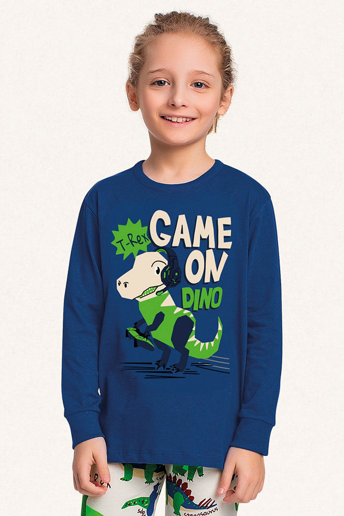 Conjunto pijama camiseta manga longa e calça em meia malha game dino
