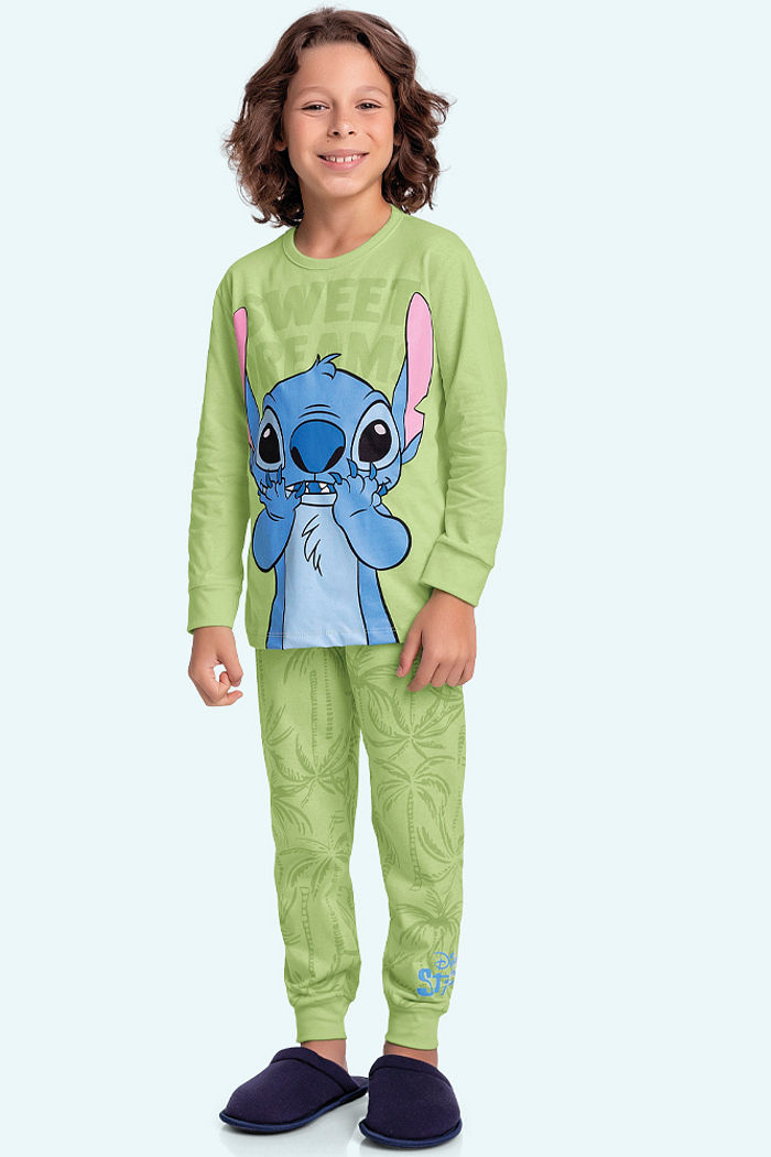 Conjunto pijama camiseta manga longa e calça caribe Stitch