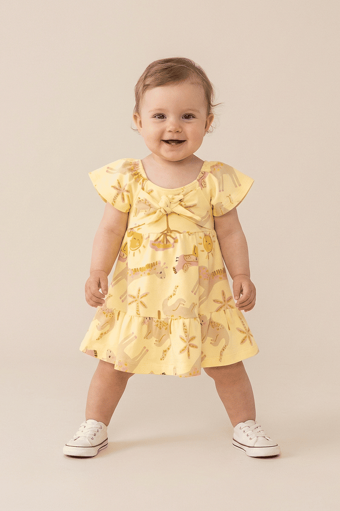 Vestido bebê feminino suedine estampa safari