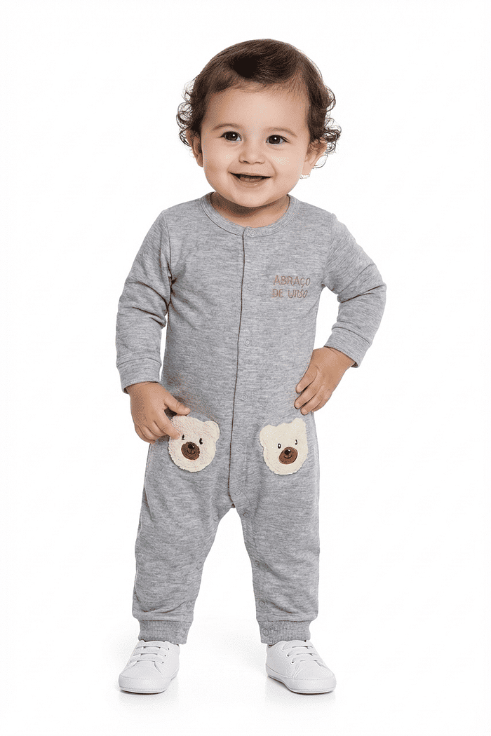 Macacão manga longa em meia malha urso