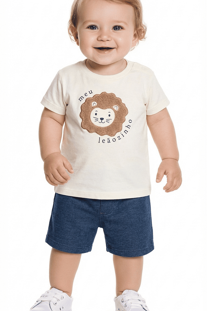 Conjunto camiseta meia malha e bermuda em denim