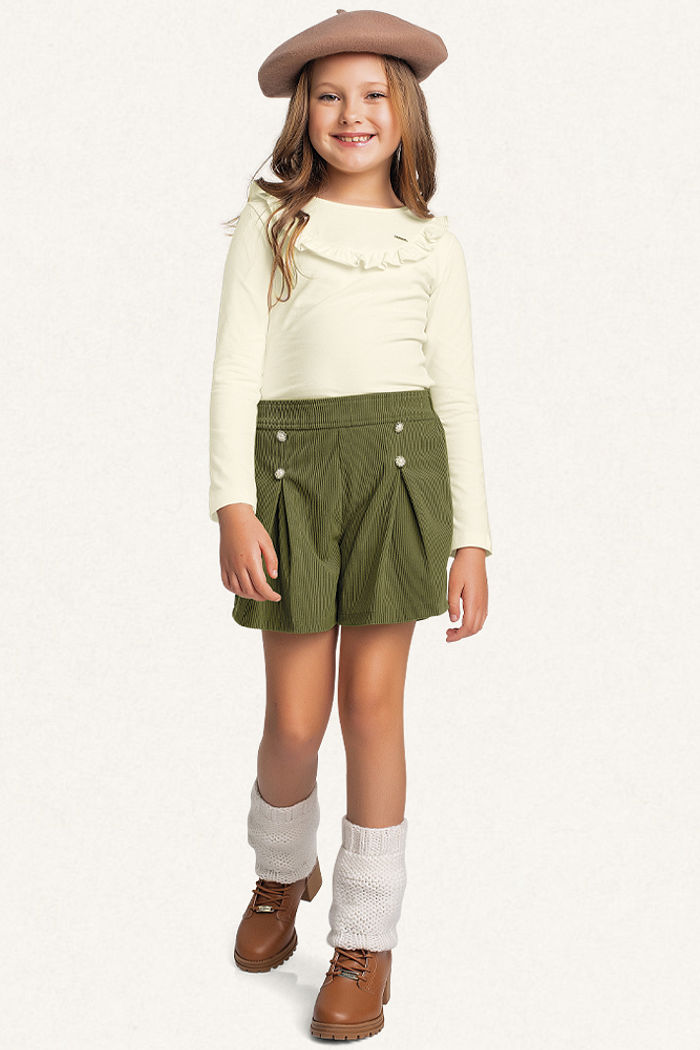 Conjunto blusa manga longa em cotton e short em veludo cotelê