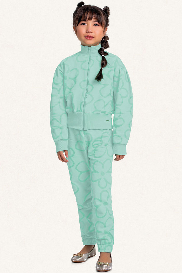 Conjunto jaqueta e calça em moletom grandes flores