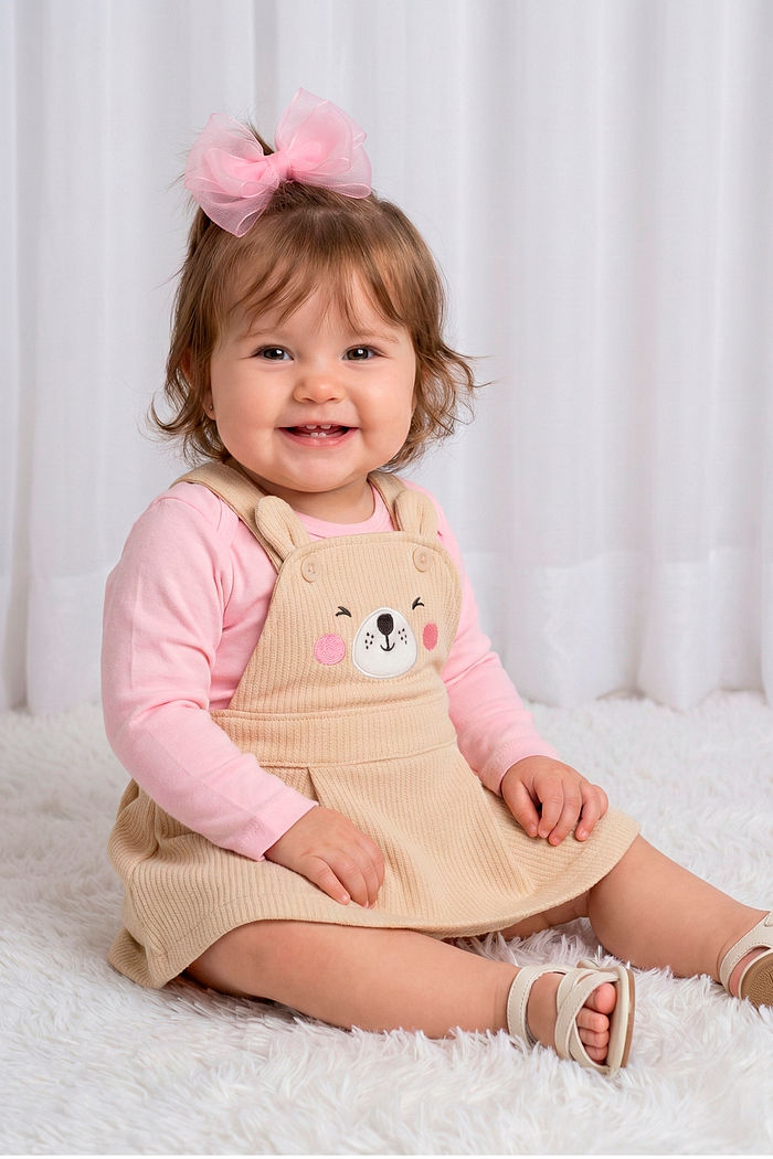 Conjunto body manga longa e salopete