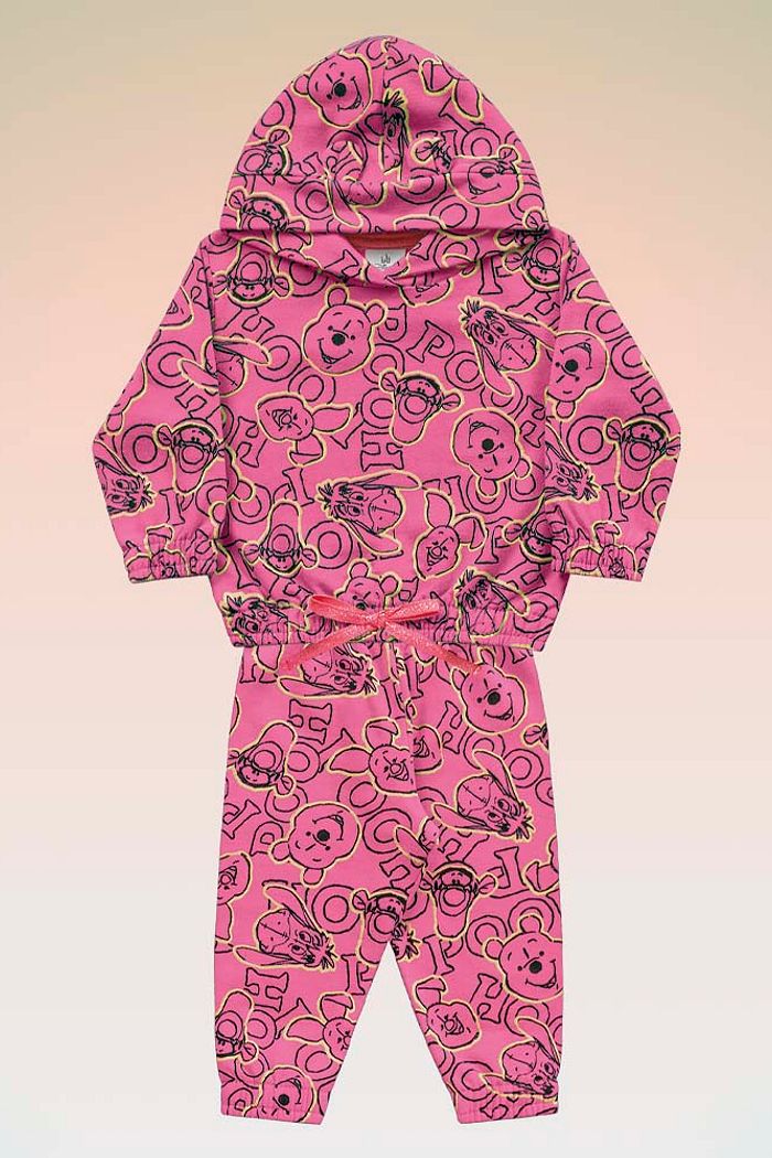 Conjunto blusão com capuz e calça em moletom ursinho pooh