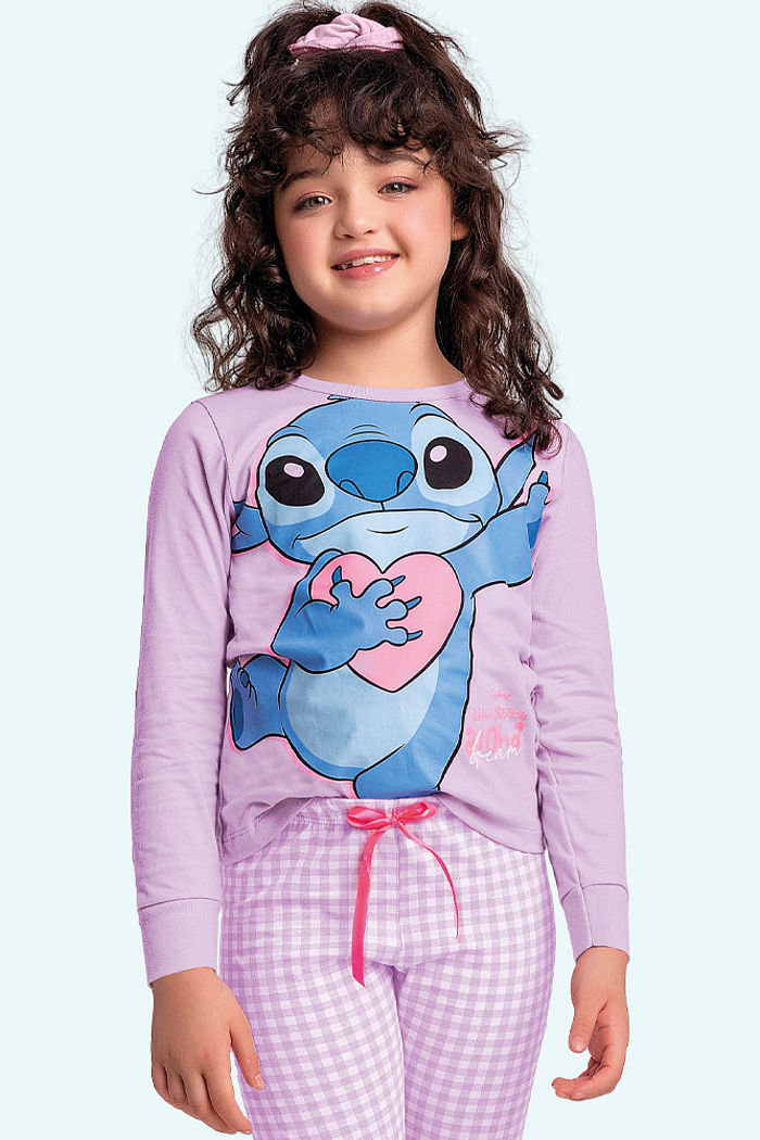 Conjunto pijama blusa manga longa e calça xadrez com laço Stitch