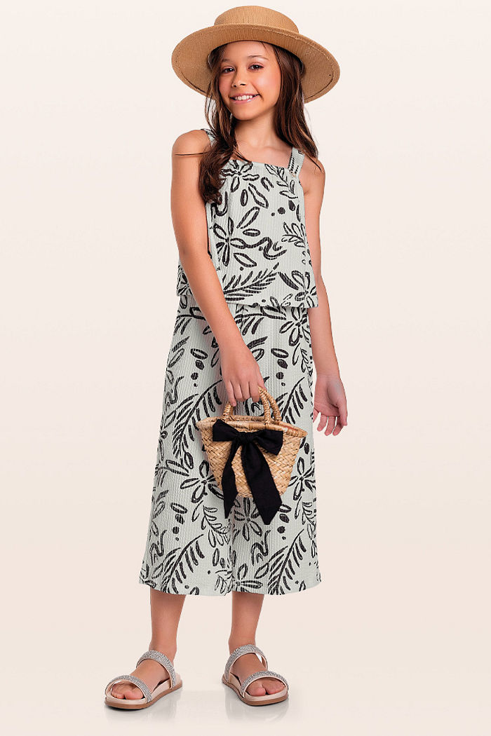 Conjunto bata e calça pantacourt tropical