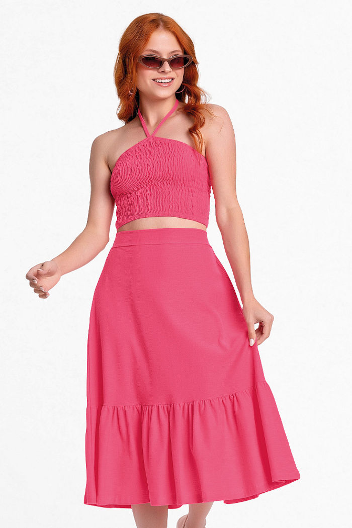 Conjunto top com lastex e alças de amarração e saia midi em malha florence