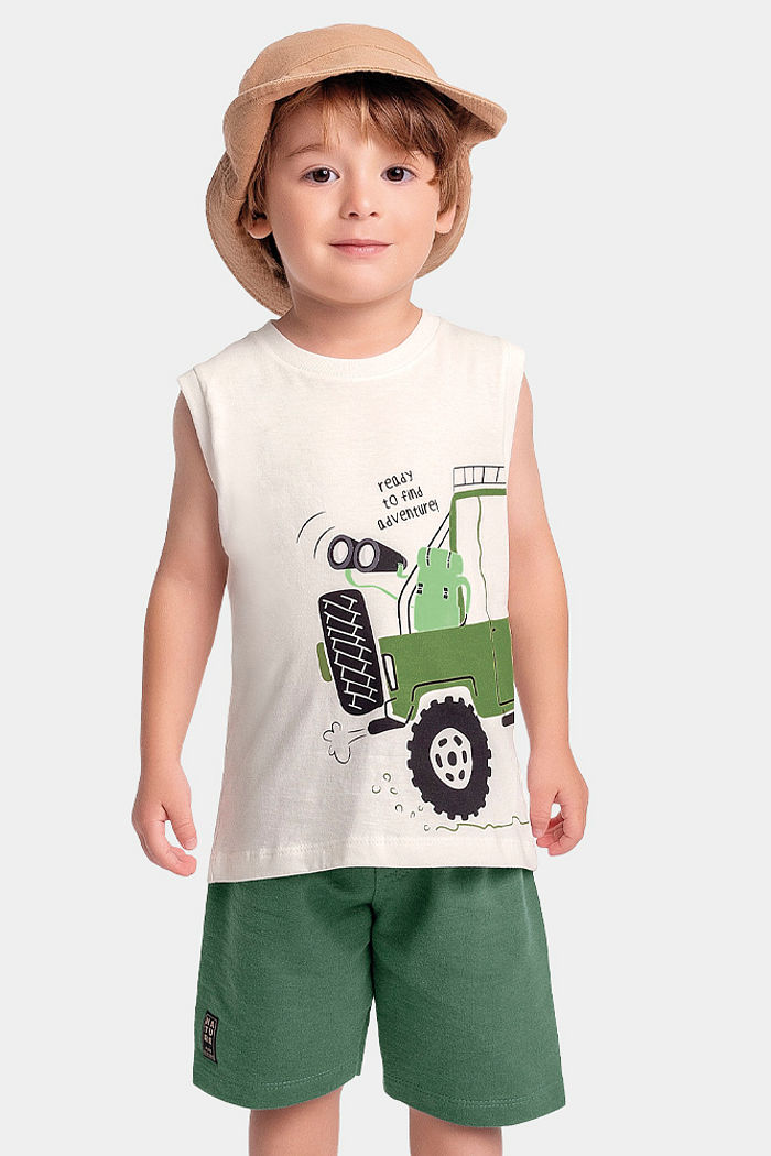 Conjunto regata adventure e bermuda em moletinho flamê