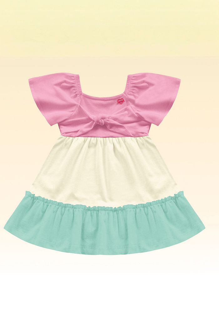 Vestido meia malha tricolors e amarração em laço